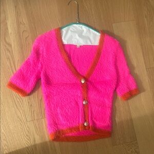 Fuzzy Hot Pink & Orange Trim Kids Cardigan